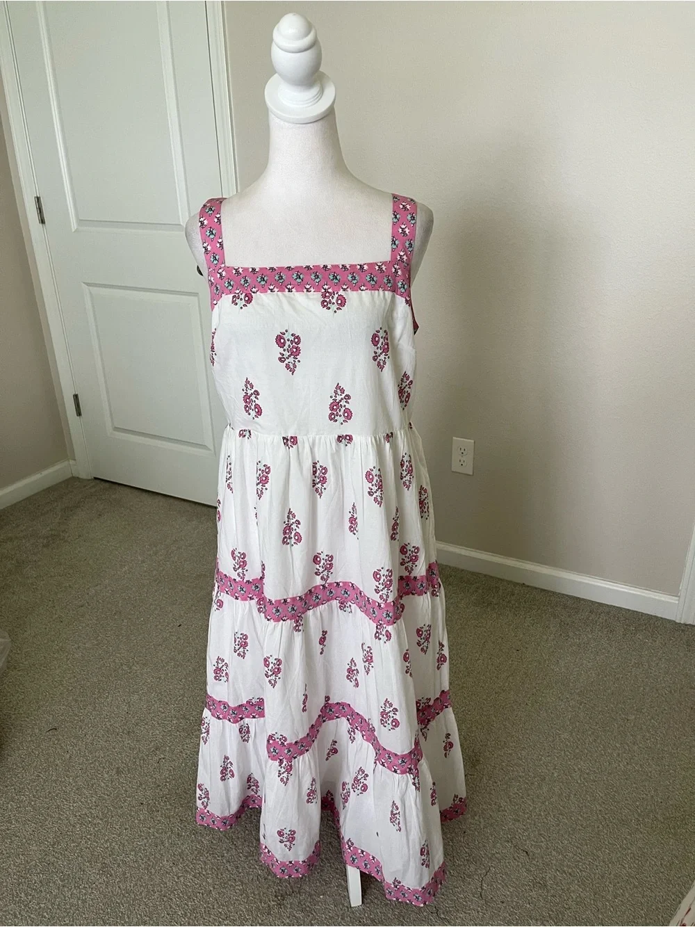 NWT J. Crew White Midi Dress with Pink Floral Trim Size 12